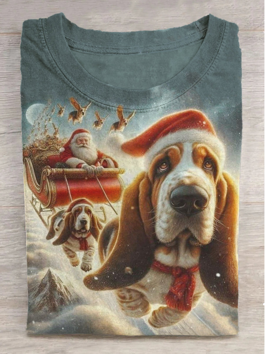 Christmas Sleigh Beagle Print Short Sleeve T-Shirt