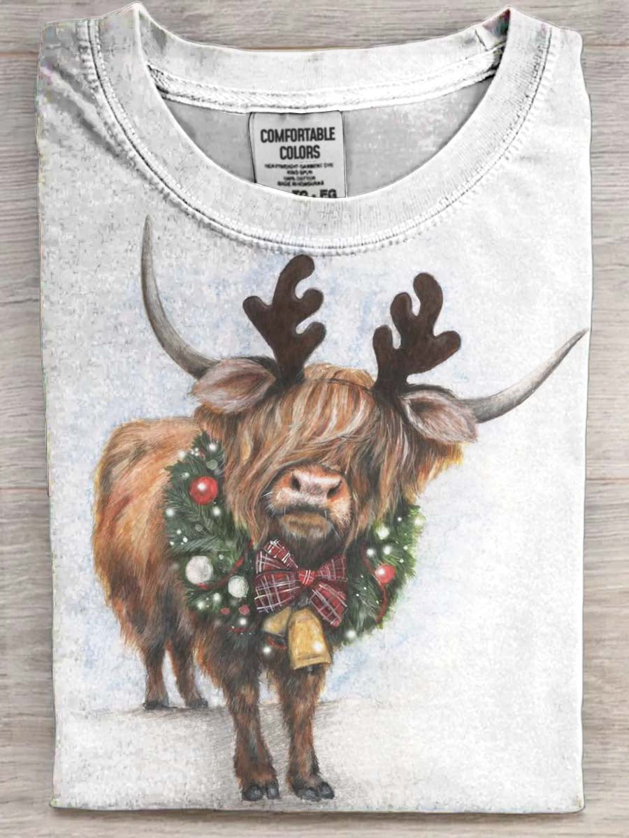 Cute Highland Cow Print Christmas Casual Short-Sleeve T-Shirt