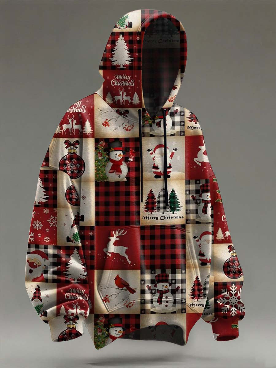 Christmas Patchwork Plaid Print Casual Hooded Sweatshirt