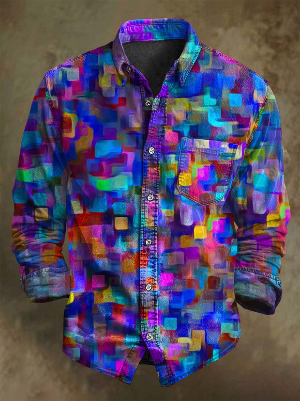 Abstract Colorful Irregular Patchwork Print Casual Long-Sleeve Shirt