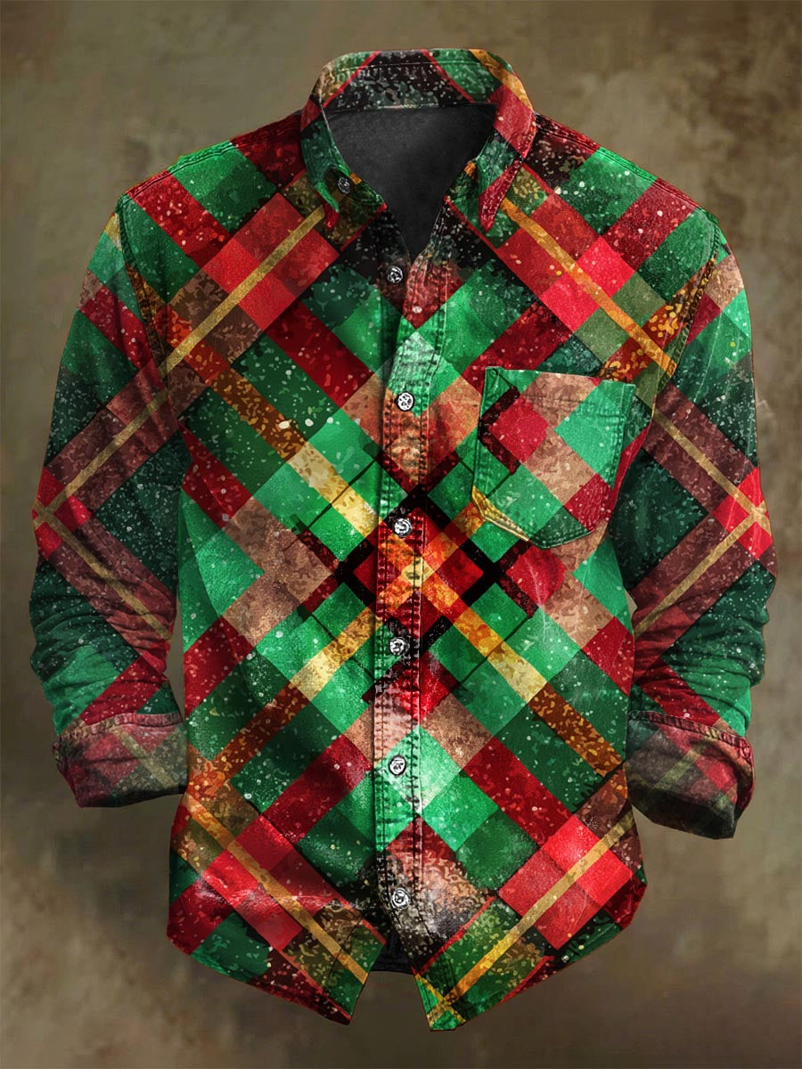 Christmas-themed color clash plaid print casual long-sleeve shirt