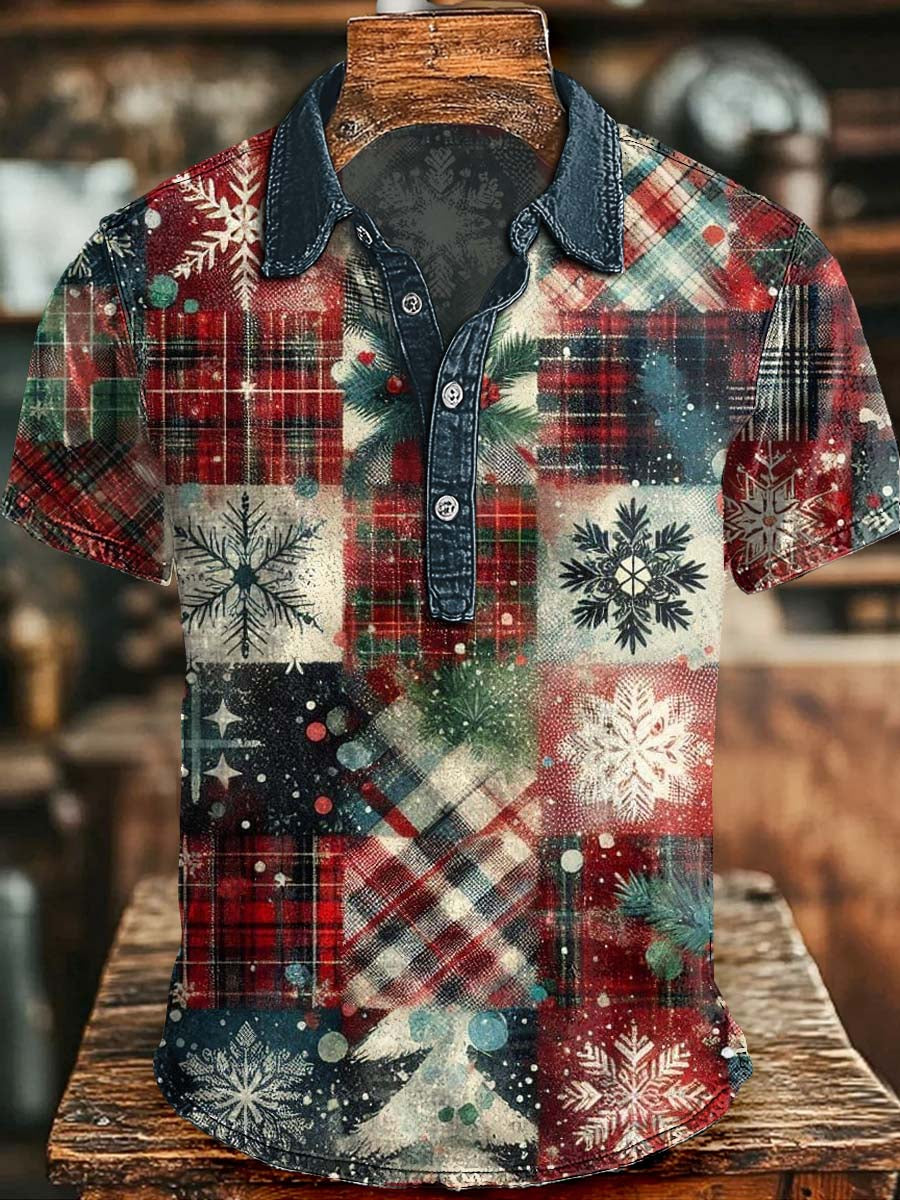 Abstract Christmas Plaid Print Casual Short-Sleeve Polo Shirt