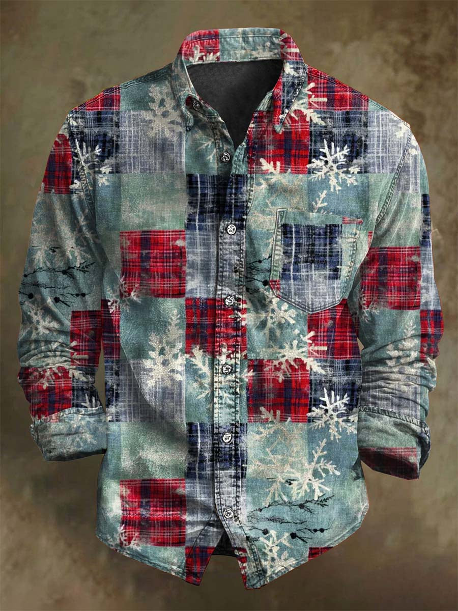Abstract Patchwork Plaid Print Casual Long-Sleeve Shirt for Christmas
