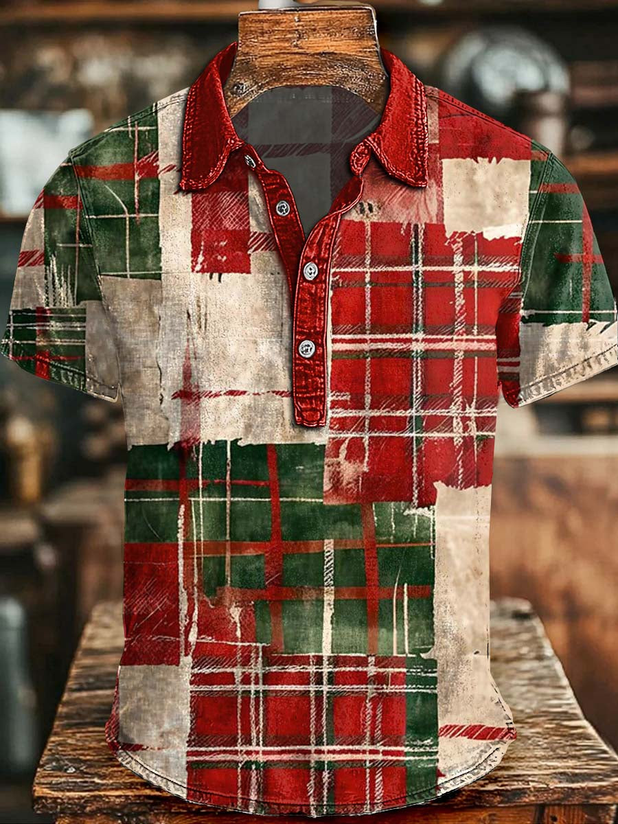 Vintage-Washed Christmas Plaid Print Casual Short-Sleeve Polo Shirt