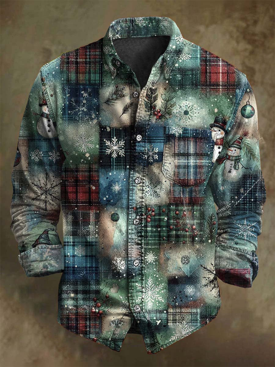 Abstract Patchwork Plaid Print Casual Long-Sleeve Shirt for Christmas