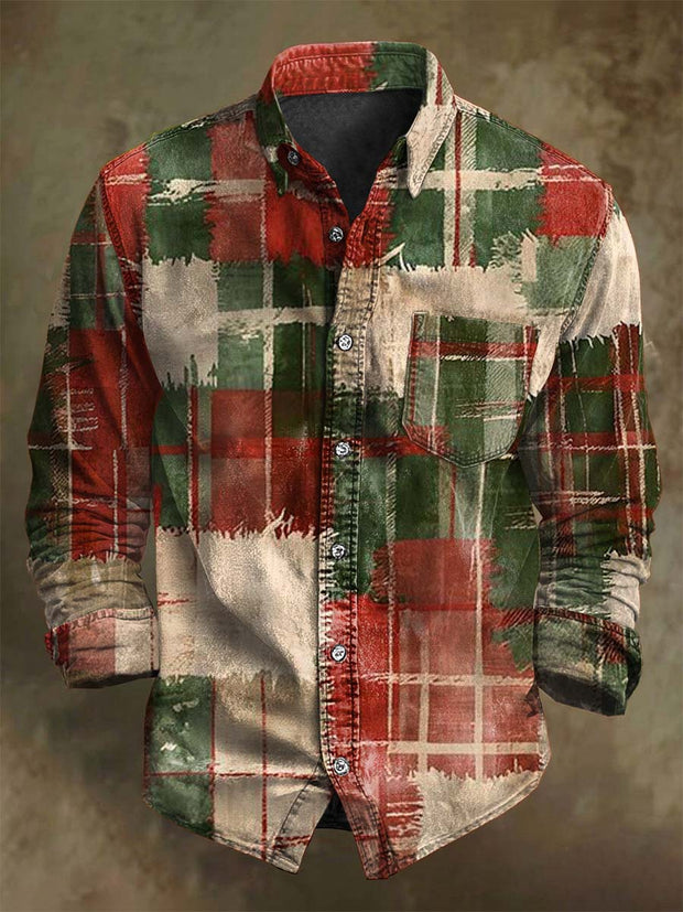 Christmas Patchwork Plaid Print Casual Long-Sleeve Shirt