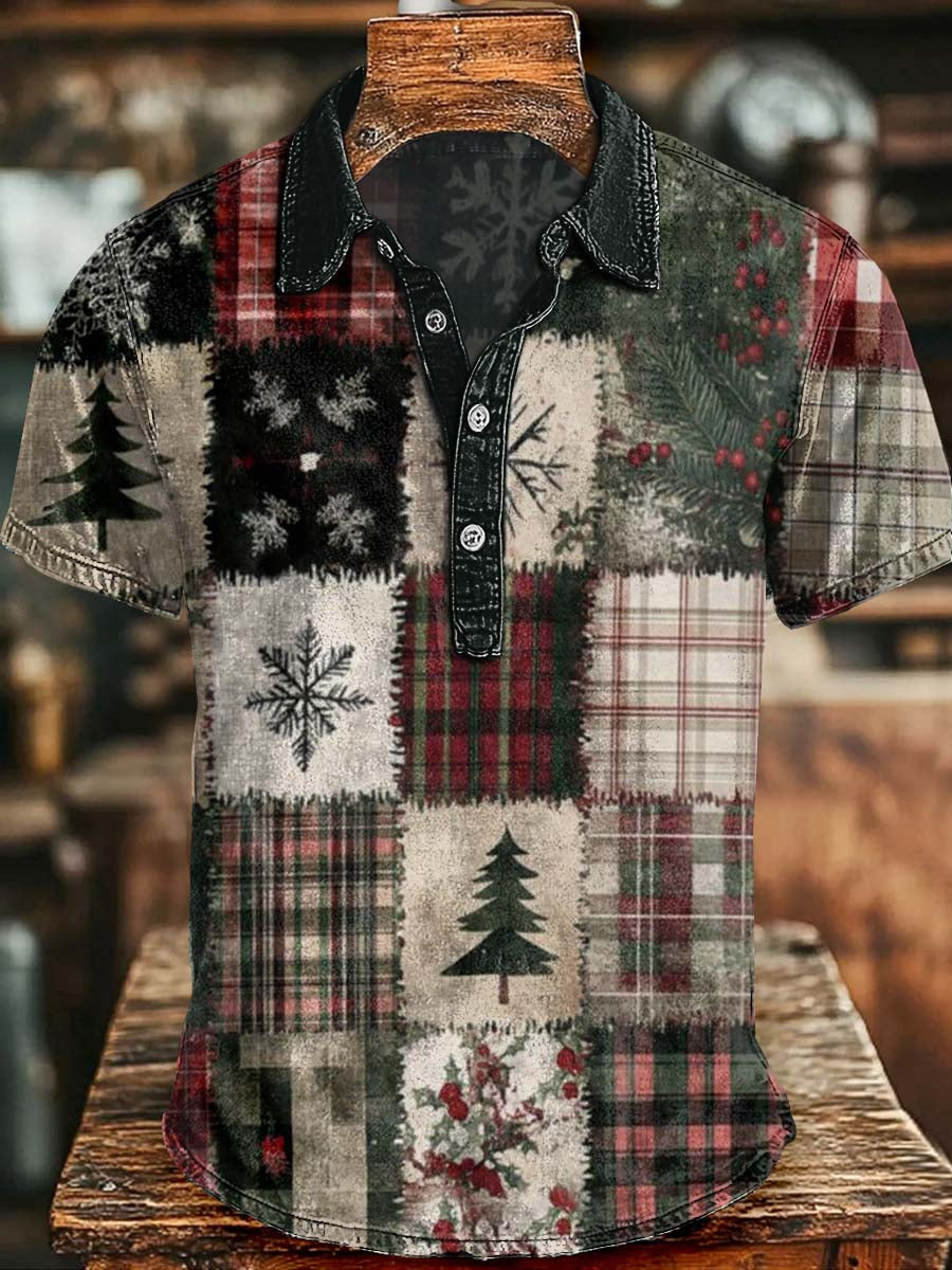 Abstract Christmas Plaid Print Casual Short-Sleeve Polo Shirt