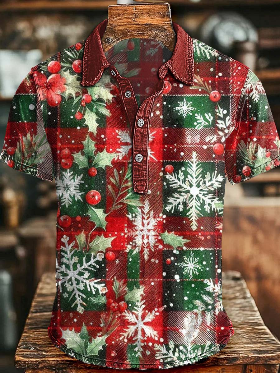 Abstract Christmas Plaid Print Casual Short-Sleeve Polo Shirt