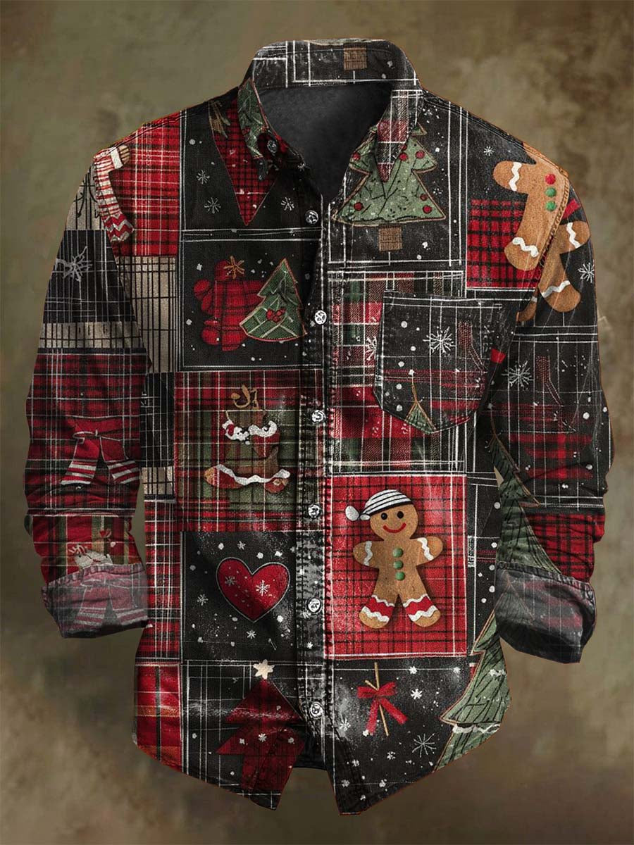 Christmas Patchwork Plaid Print Casual Long-Sleeve Shirt