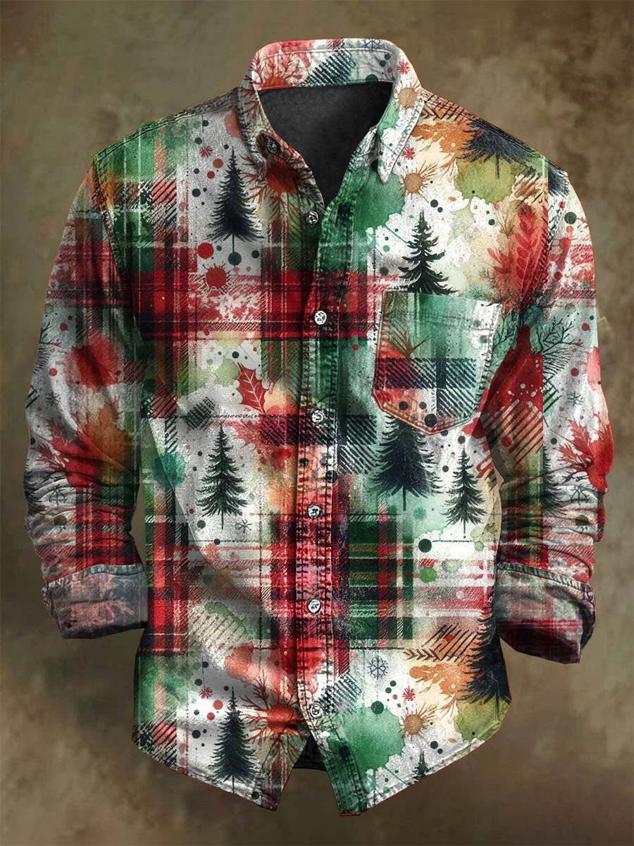 Christmas Patchwork Plaid Print Casual Long-Sleeve Shirt
