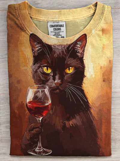 Red Wine Cat Print Casual Short-Sleeve T-Shirt