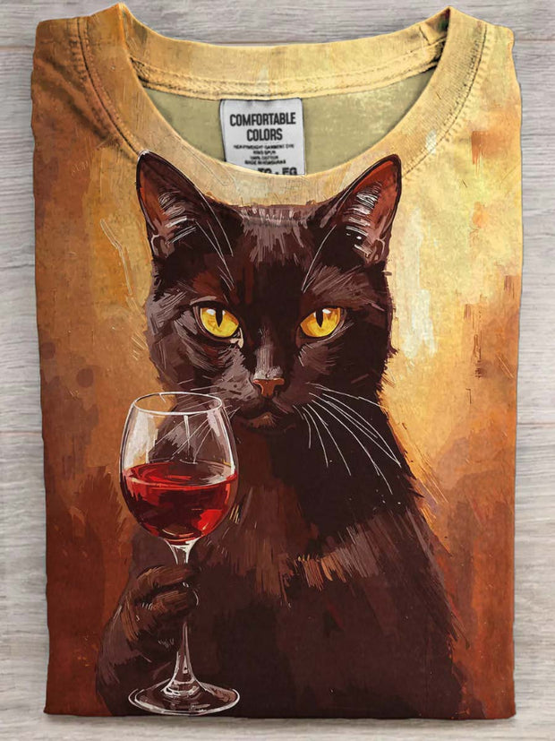 Red Wine Cat Print Casual Short-Sleeve T-Shirt