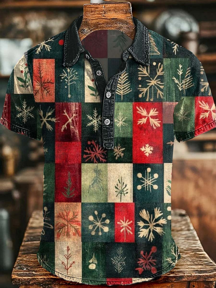 Abstract Christmas Plaid Print Casual Short-Sleeve Polo Shirt