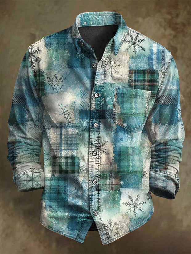 Christmas Patchwork Plaid Print Casual Long-Sleeve Shirt