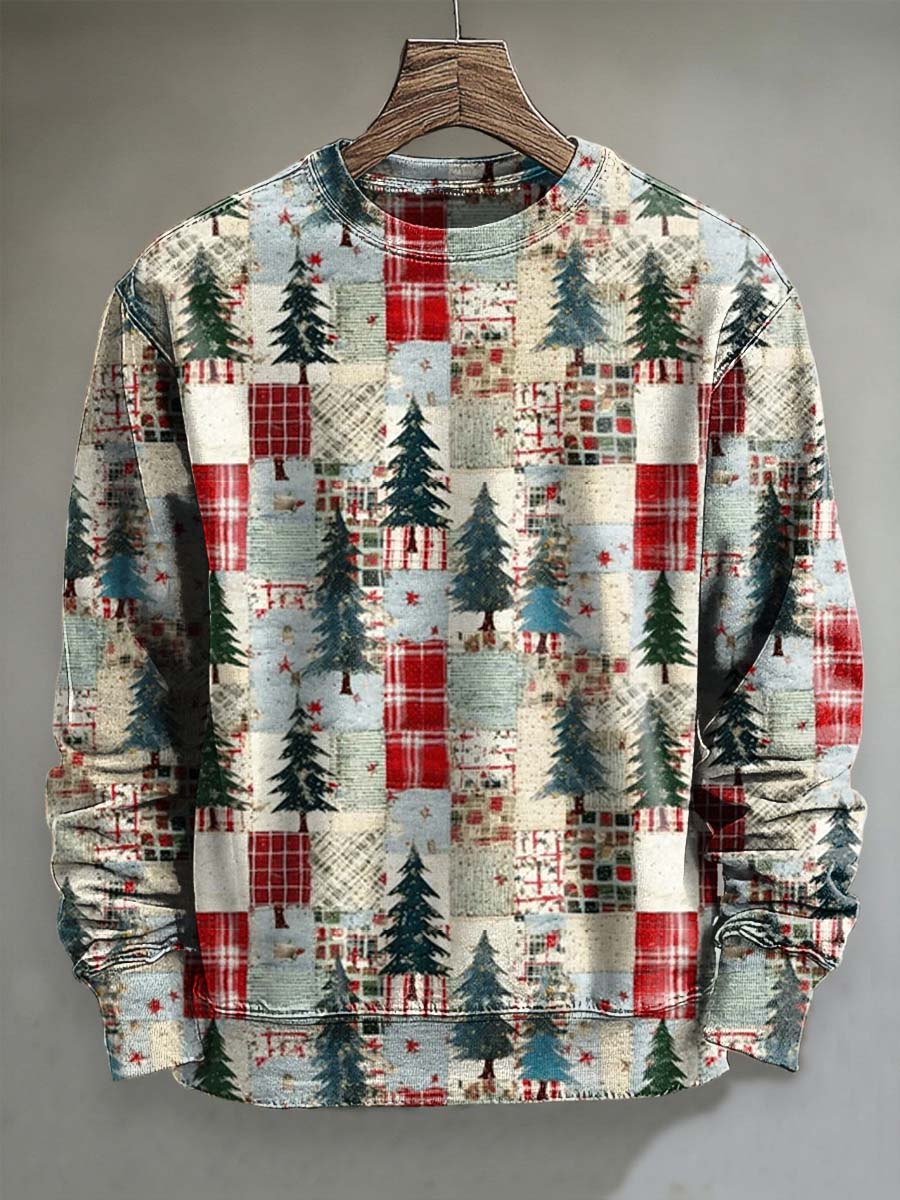 Christmas Tree Plaid Print Casual Crew Neck Sweatshirt