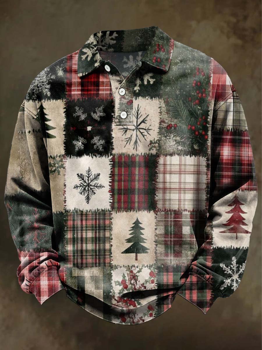Retro Christmas Plaid Print Casual Long-Sleeve Polo Shirt