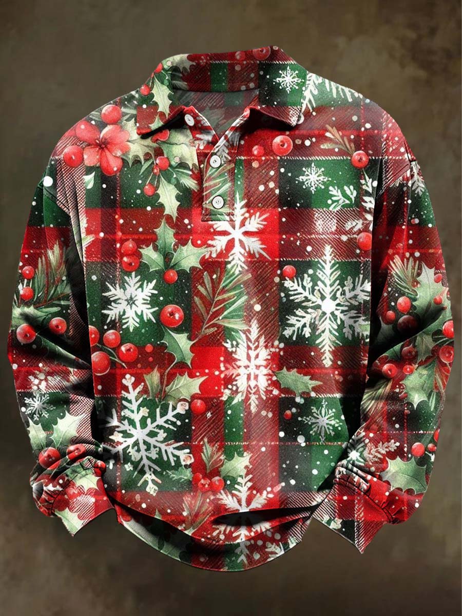 Christmas Tree Plaid Print Casual Long-Sleeve Polo Shirt