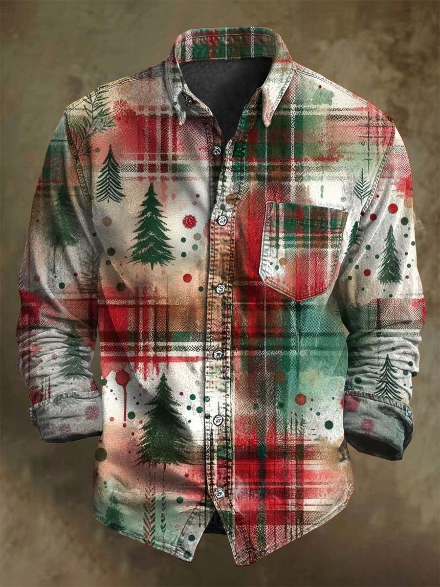 Irregular Check Print Christmas Tree Casual Long-Sleeve Shirt