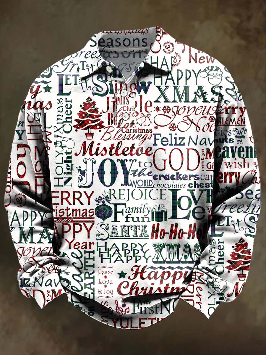 Christmas Letter Print Casual Long-Sleeve Polo Shirt