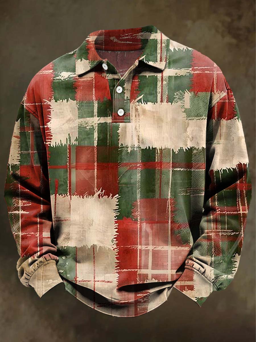 Retro Christmas Plaid Print Casual Long-Sleeve Polo Shirt