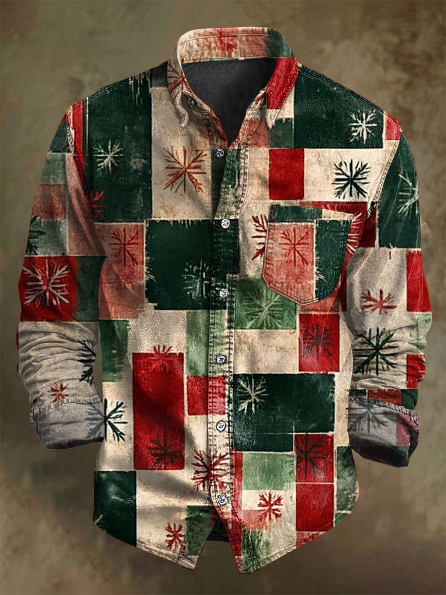 Christmas Snowflake Plaid Reindeer Print Casual Long-Sleeve Shirt