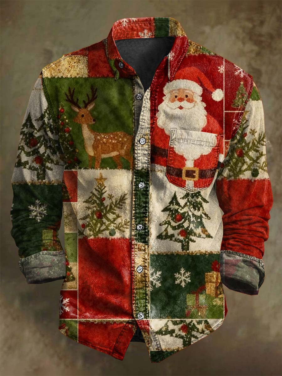 Christmas Santa Reindeer Print Casual Long-Sleeve Shirt