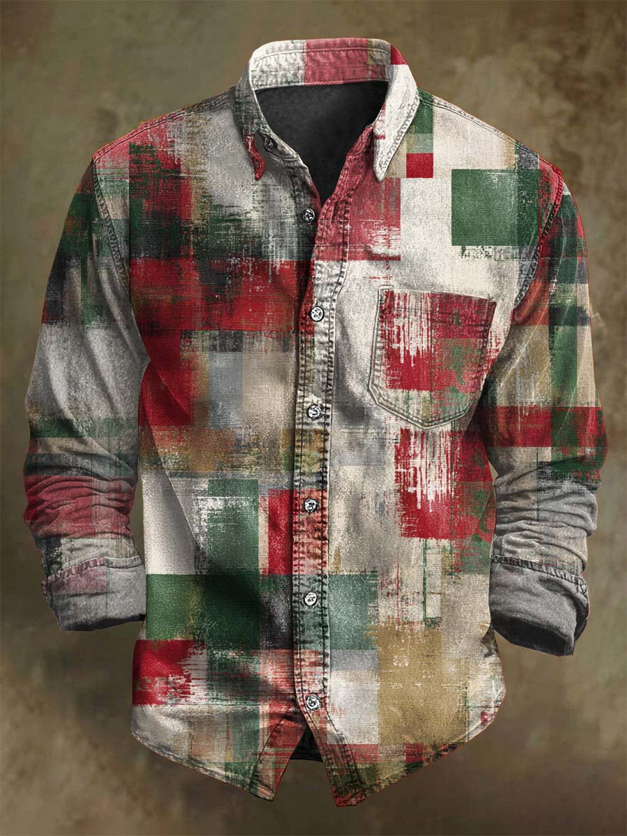 Retro Christmas Plaid Print Casual Long-Sleeve Shirt