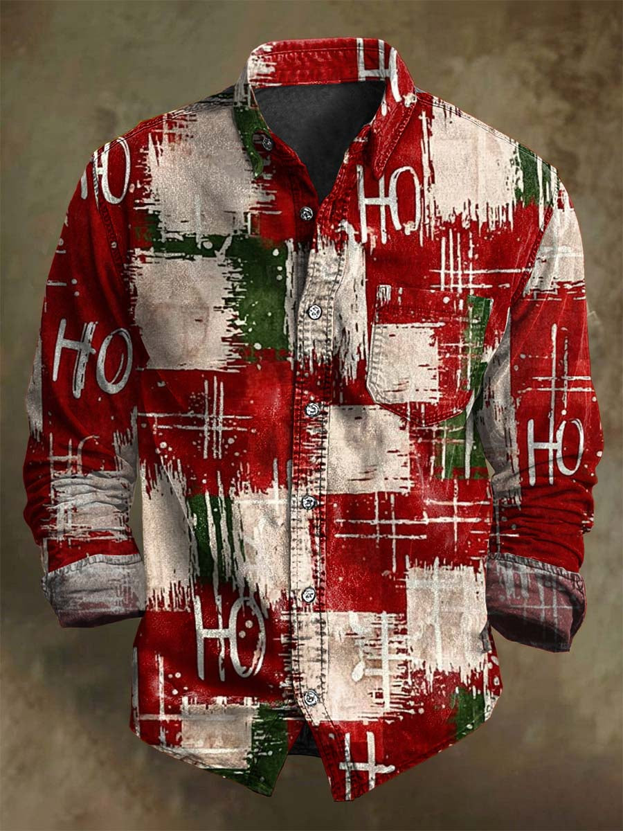 Abstract Checkered Christmas Print Casual Long-Sleeve Shirt