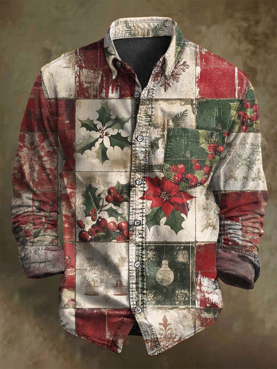 Vintage Christmas Plaid Print Casual Long-Sleeve Shirt