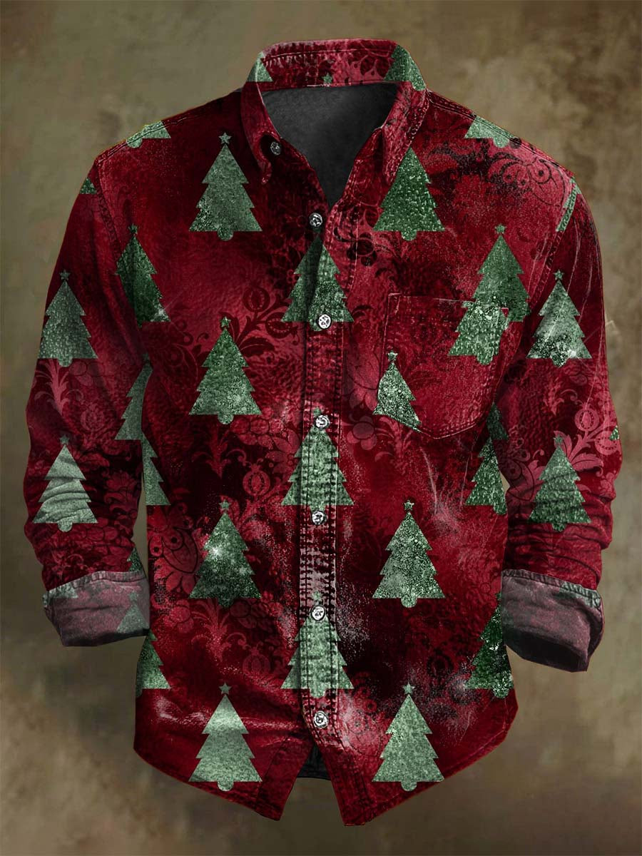 Retro Christmas Tree Print Casual Long-Sleeve Shirt