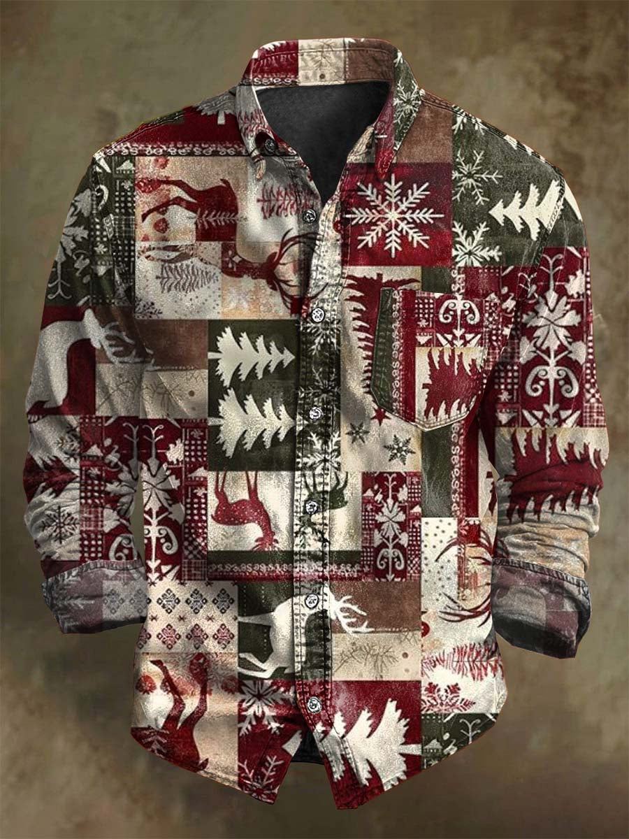 Vintage Christmas Plaid Print Casual Long-Sleeve Shirt