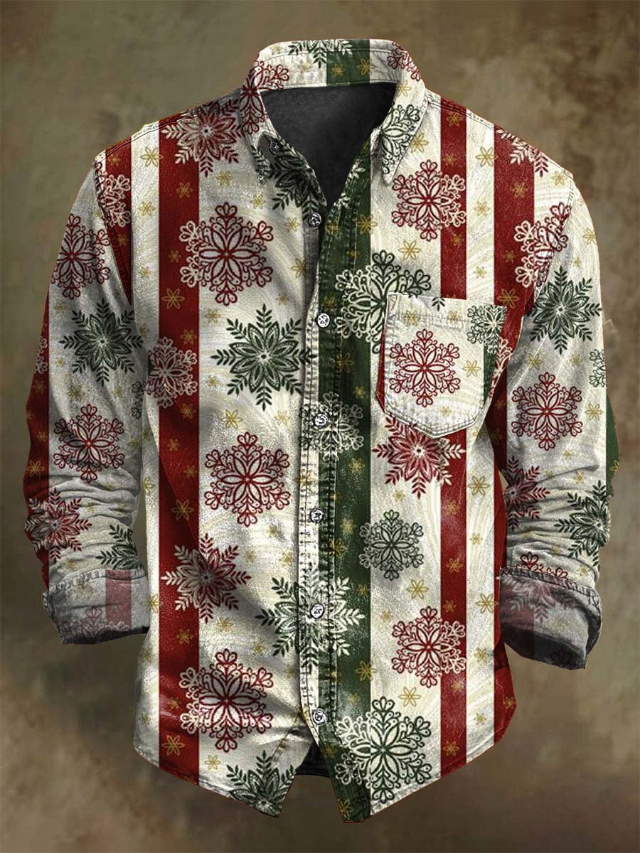 Christmas Snowflake Stripe Print Casual Long-Sleeve Shirt