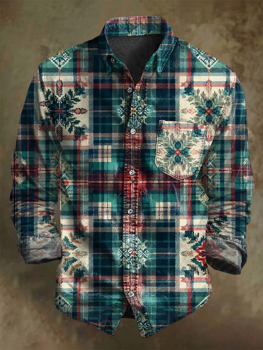 Christmas Snowflake Plaid Print Casual Long-Sleeve Shirt