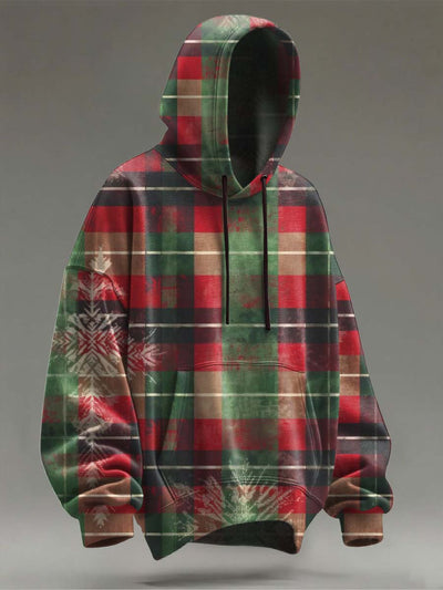 Christmas Vintage Plaid Snowflake Print Casual Hooded Sweatshirt