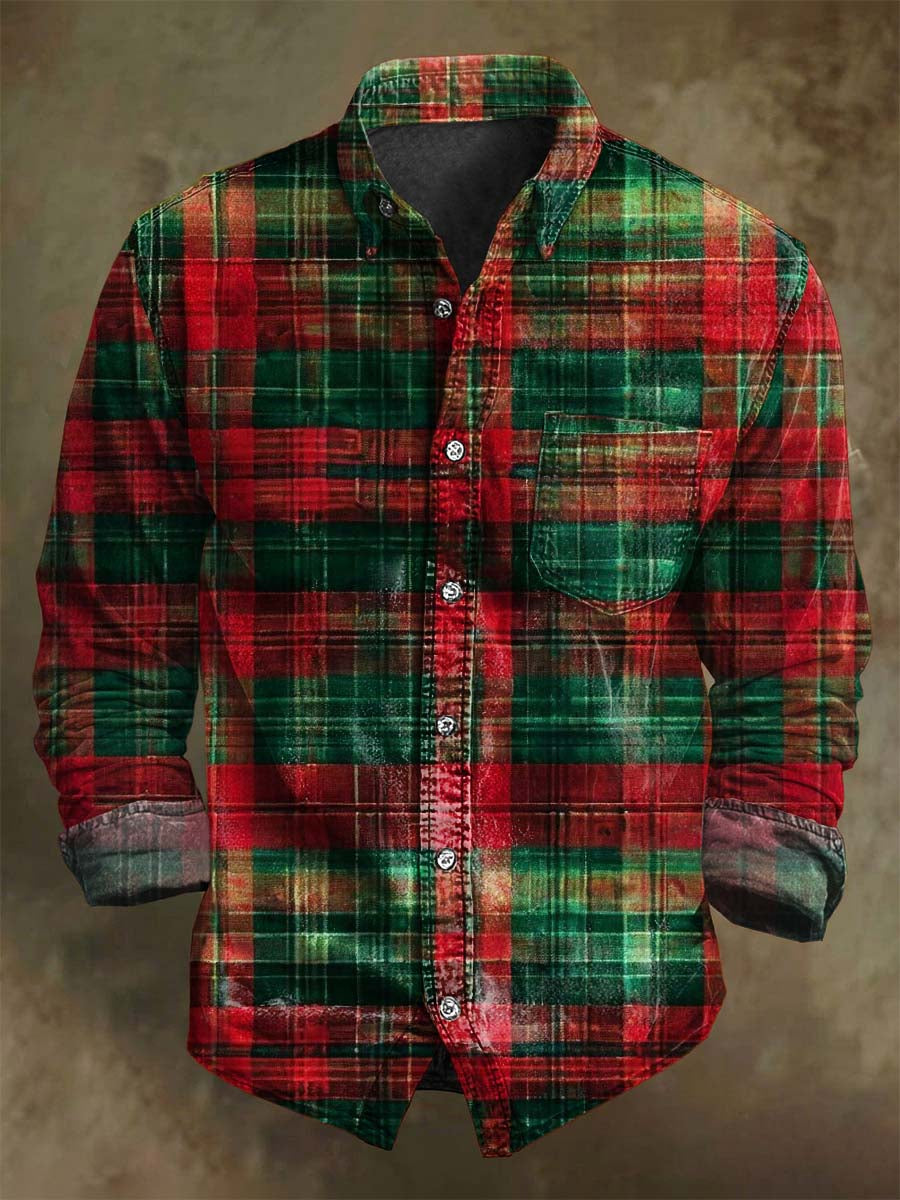 Retro Christmas Plaid Print Casual Long-Sleeve Shirt