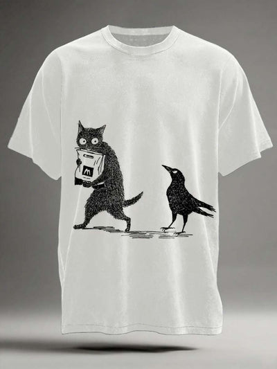 Funny Cat and Crow Print Casual Short-Sleeve T-Shirt