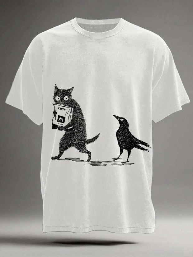 Funny Cat and Crow Print Casual Short-Sleeve T-Shirt