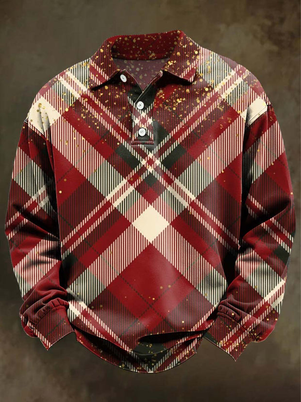 Christmas Plaid Print Casual Long-Sleeve Polo Shirt