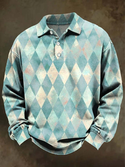 Retro Diamond-Quilted Print Casual Long-Sleeve Polo Shirt