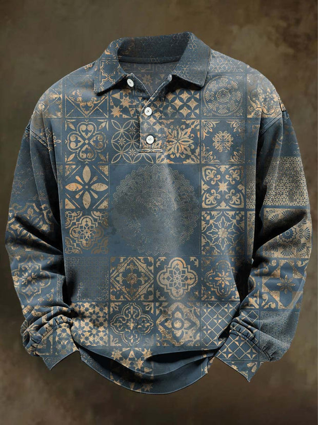 Retro Floral Plaid Print Casual Long-Sleeve Polo Shirt