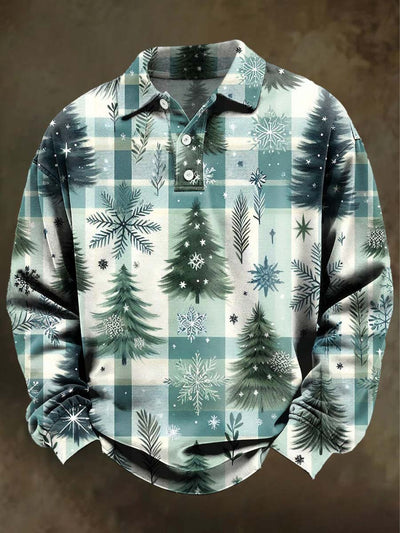 Christmas Tree Plaid Print Casual Long-Sleeve Polo Shirt