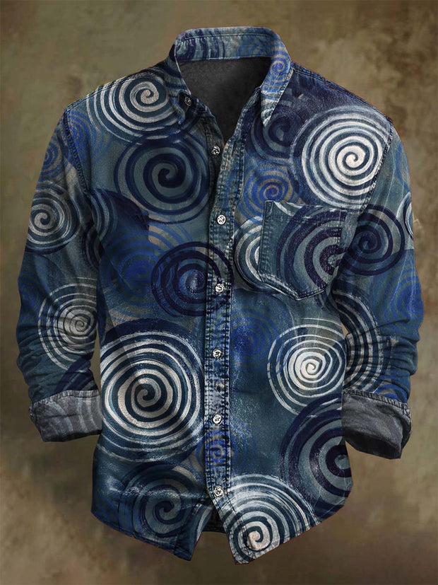 Abstract Swirl Circle Print Casual Long-Sleeve Shirt