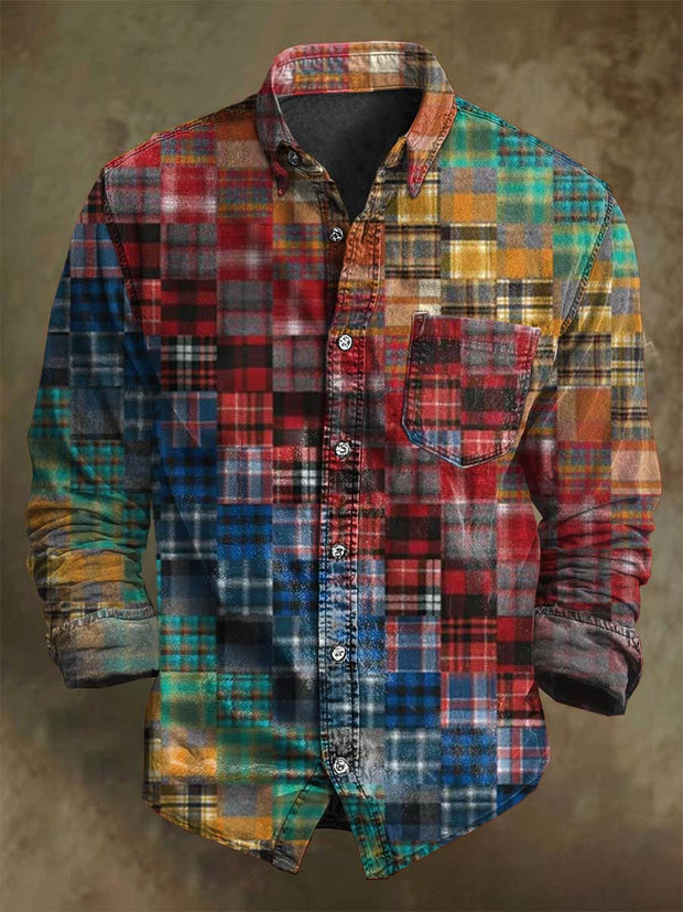 Abstract Irregular Plaid Print Casual Long-Sleeve Shirt
