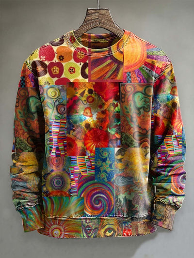 Abstract Patchwork Sun Print Casual Crewneck Sweatshirt