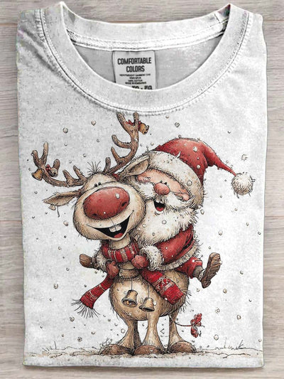 Santa's Reindeer Print Casual Short-Sleeve T-Shirt