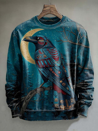 Retro Moonlight Crow Print Casual Crewneck Sweatshirt