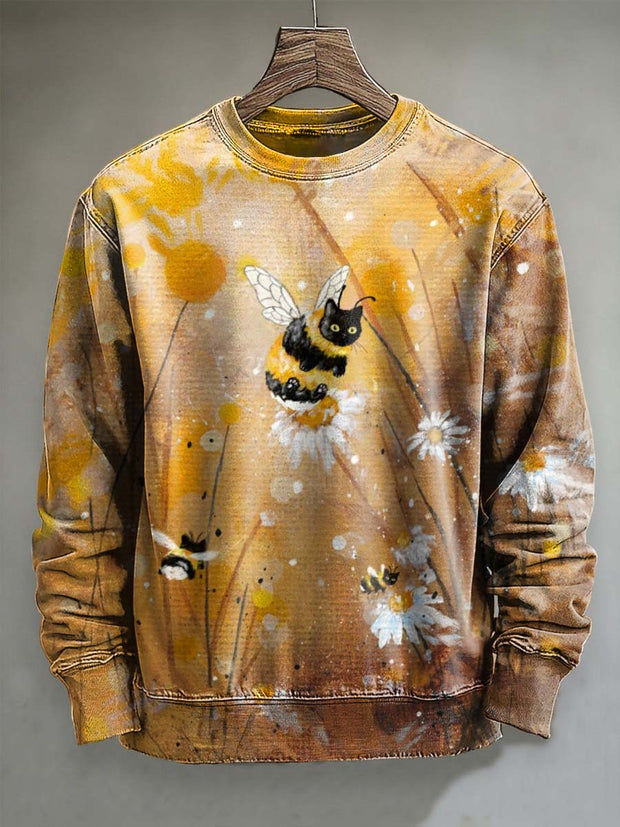 Abstract Cute Bee and Cat Print Casual Crewneck Sweatshirt