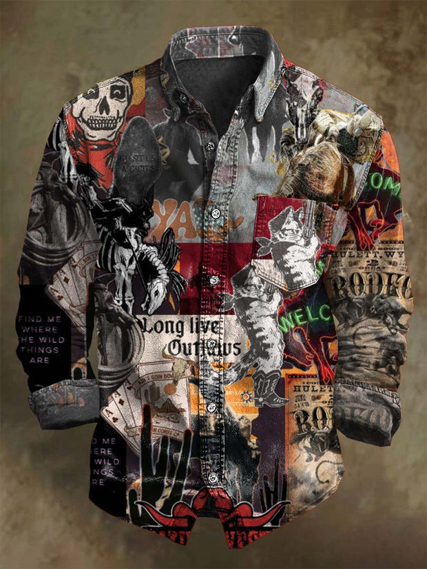 Abstract Western Cowboy Puzzle Print Casual Long-Sleeve Shirt