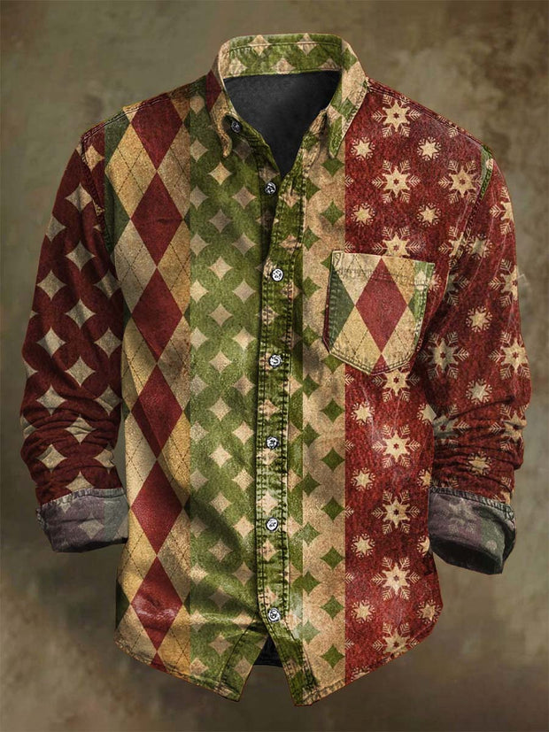 Christmas Patchwork Plaid Print Casual Long-Sleeve Shirt