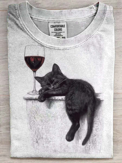 Sleeping Cat Print Casual Short-Sleeve T-Shirt